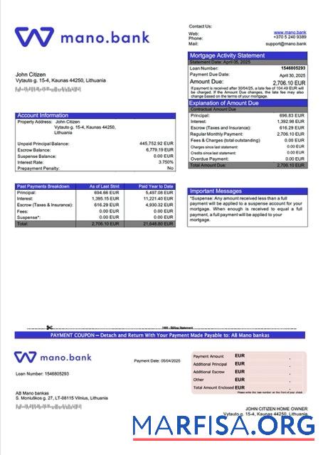 Printable Lithuania AB Mano bankas mortgage statement Word and PDF template